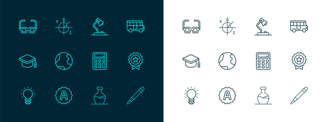 Set line School Bus, Exam sheet with A plus grade, Calculator, Test tube, Earth globe, Table lamp, Glasses and Trigonometric circle icon. Vector