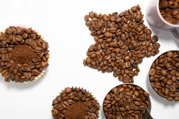 coffee beans in different corners of white canvas with different layout and formats