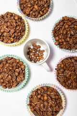 coffee beans in different corners of white canvas with different layout and formats