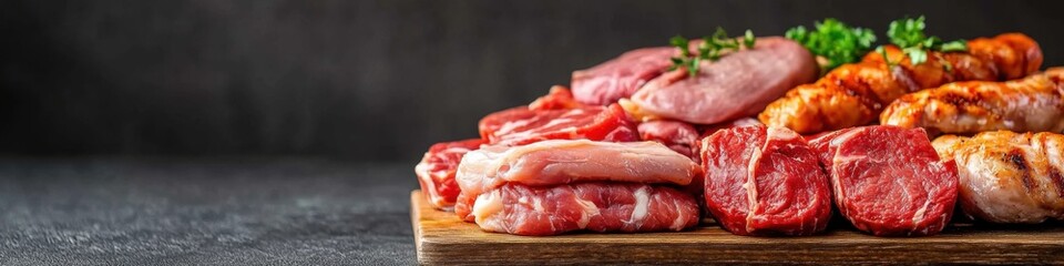 Fresh meat cuts displayed with dark gray background and ample copy space for advertising purposes