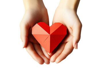Obraz premium Hands gently holding a red origami heart, symbolizing love and care isolated on white transparent background. Concept of affection and compassion