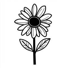 Simple line drawing of a daisy flower with stem and leaves.