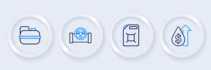 Set line Oil price increase, Canister for gasoline, pipe with valve and icon. Vector