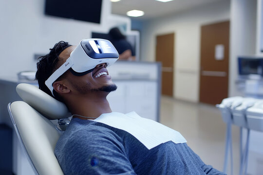 Patient relaxing with virtual reality headset at dentist's office for comfort