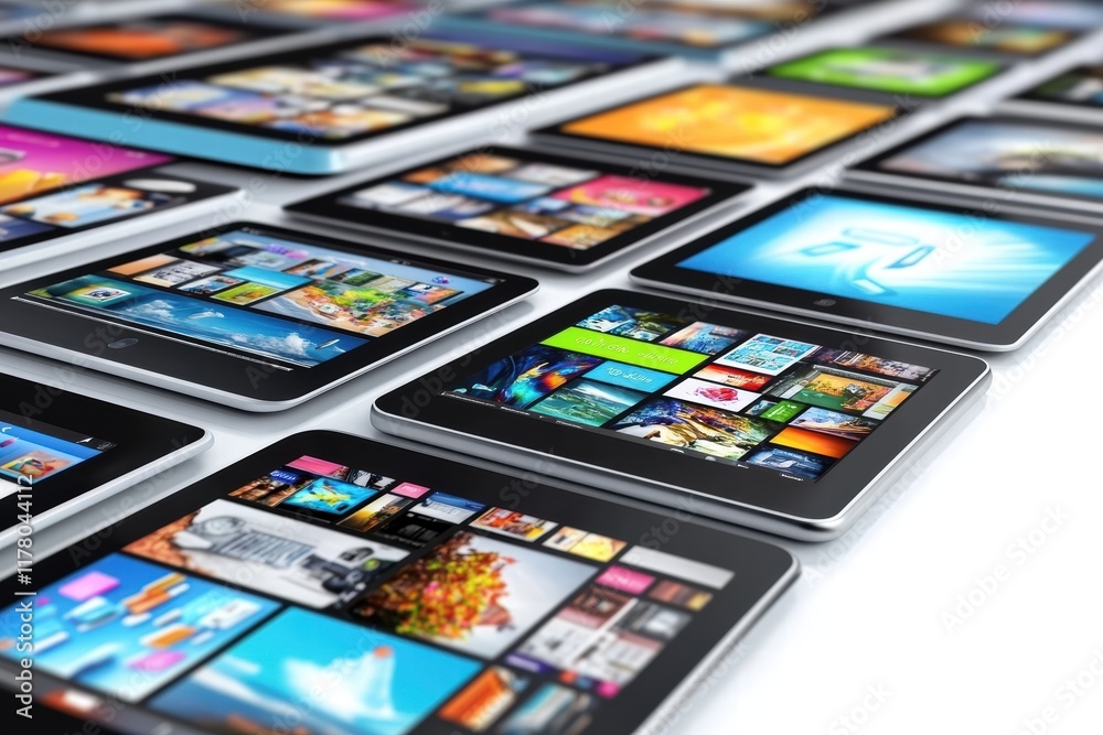 Poster multiple digital devices displaying diverse applications and vibrant content in a modern setup