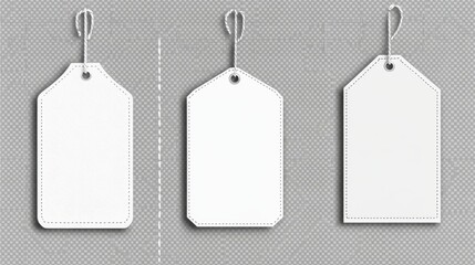 Blank clothes tags, fashion labels with seams. Empty white fabric badges for shirts, dresses and apparel with stitches isolated on transparent background, vector realistic set