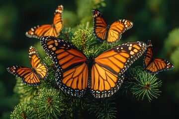 Fototapeta premium A group of colorful butterflies perched on the branches of a pine tree