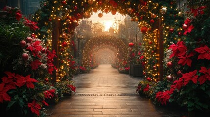 Fototapeta premium Festive Christmas Pathway Decorated With Lights And Poinsettias