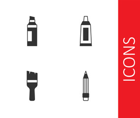 Set Pencil with eraser, Marker pen, Paint brush and Tube paint palette icon. Vector