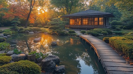 Serene Autumn Garden Pavilion Peaceful Pond Landscape