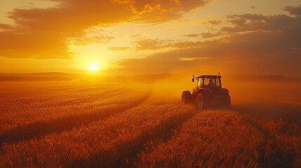 Fototapeta premium Tractor in golden wheat field at sunset. (1)