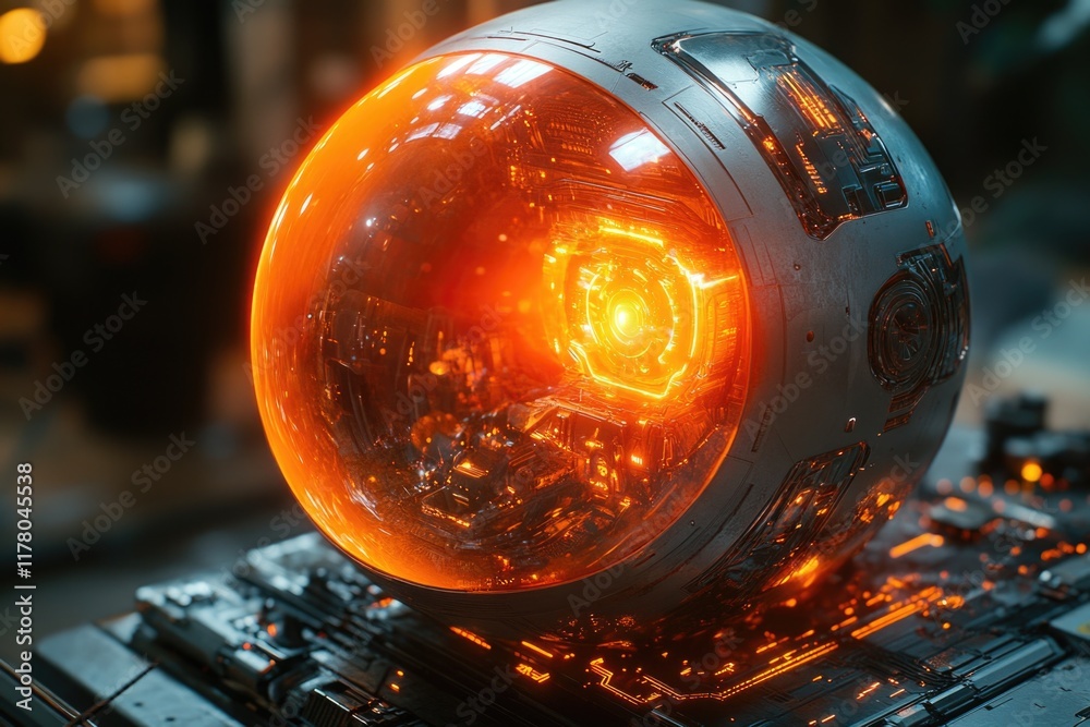 Poster a close-up of a glowing object on a keyboard, suitable for use in technology or science related cont