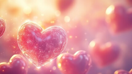 Obraz premium Glowing pink hearts with bokeh background.