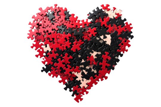 Heart shaped puzzle formed by black and red pieces in glossy style isolated on white transparent background, symbolizing love, connection, and complexity