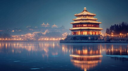 Naklejka premium Illuminated Chinese Pagoda Reflecting in Calm Water at Night
