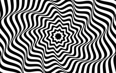 Abstract wave background, black and white wavy stripes or lines design. Abstract hypnotic pattern with black-white striped lines. Psychedelic background. Art, optical illusion. Modern design, graphic.