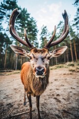 Fototapeta premium A close-up view of a deer with prominent horns, suitable for use in outdoor or wildlife-related contexts