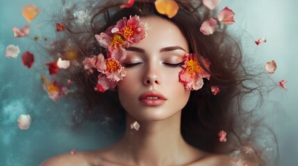 Woman surrounded by flowers in calm and serene setting. Generative AI