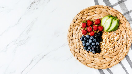 Fresh fruit and granola on a woven plate.