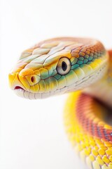 A close-up shot of a colorful snake's head with vibrant markings