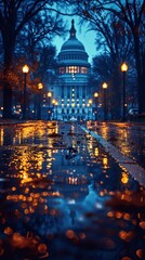 Rainy Night at Capitol Building Cityscape Reflections