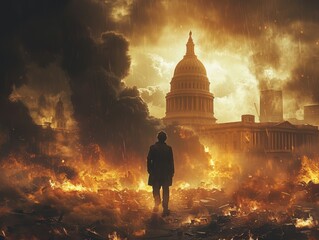 Apocalyptic Cityscape Burning Buildings Man Despair