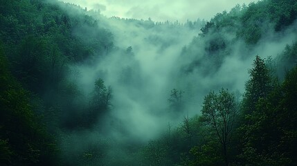 Fototapeta premium Misty green forest valley landscape.