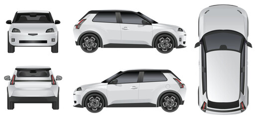 White car vector Side, front, back, top view. isolated designs on white background. All elements in the groups on  All elements in the groups on separate layers.