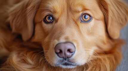 A close-up view of a brown dog with striking blue eyes