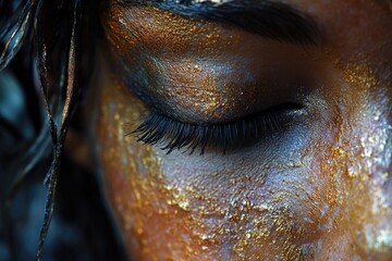 A detailed shot of a person's eye with golden paint applied, suitable for use in creative projects or as a decorative element