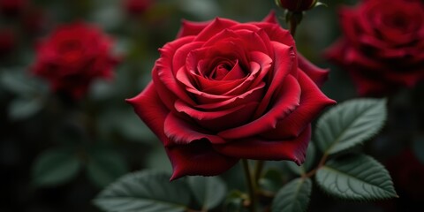 Naklejka premium A stunning close-up of a vibrant red rose, perfect for Valentine's Day promotions, floral arrangements, or romantic themes in advertising.