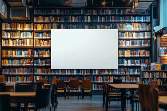 White blank billboard in bookstore  ideal for advertising, presentations, promotions, and marketing