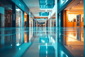 Fototapeta premium Modern shopping mall corridor with shiny floor and closed storefronts in empty space