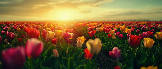 Fototapeta premium Breathtaking tulip fields blossom under a golden sunset with vibrant colors stretching far