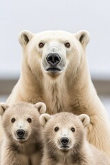 Fototapeta premium A mother polar bear cares for her two adorable cubs in the Arctic landscape