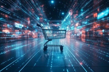 Futuristic smart retail solutions  a shopping cart in a data driven space with glowing lines