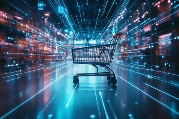 Futuristic smart retail solutions  shopping cart in a data driven environment with glowing lines