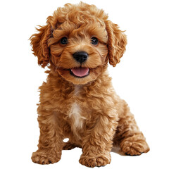 Fototapeta premium Cute fluffy puppy with curly fur poses playfully