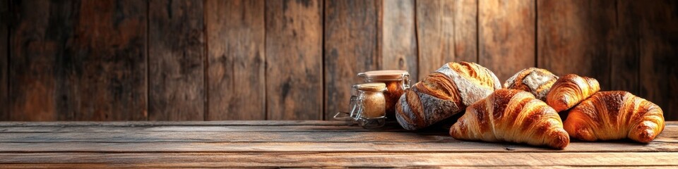 Freshly baked bread and croissants on wooden background with copy space for bakery promotion