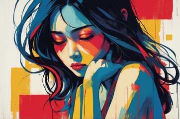 Naklejka premium Abstract dramatic portrait painting of a sad, loneliness, depression woman face, emotion and mental health theme concept texture design illustration. 