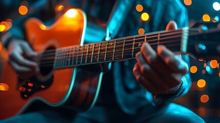 Naklejka premium Close-up of a musician playing acoustic guitar in colorful light.