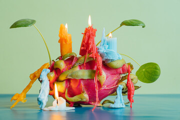Colorful candle arrangement on a unique fruit centerpiece