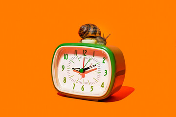 alarm clock with a land snail on top