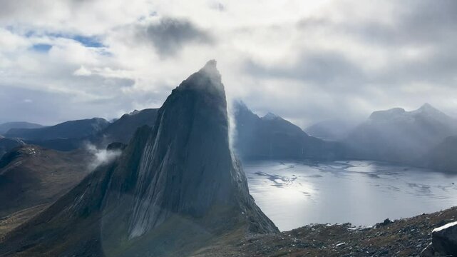 Clouds are passing over the majestic segla mountain on senja island in norway