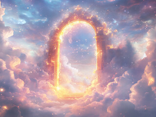 Obraz premium Elaborate celestial gateway made of shimmering light, surrounded by soft, fluffy clouds