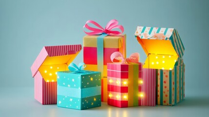 Fototapeta premium Set of open and closed gift boxes isolated on background. Vector illustration of colorful striped, dotted and checkered surprise packages decorated with ribbon bows with light and sparkles inside