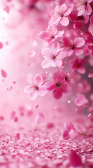 Background in pink tones with cherry blossom and falling petals, spring, romantic theme