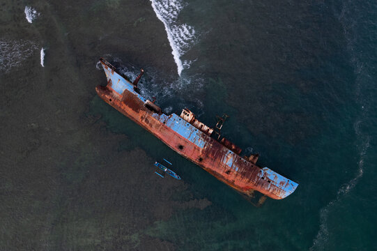 Top down aerial view of a ship wreck in West Java, Indonesia