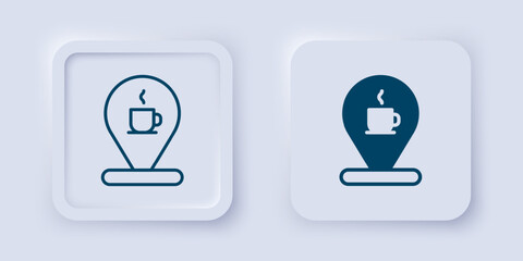 Filled and outline Location with coffee cup icon isolated on grey background. Square button. Vector