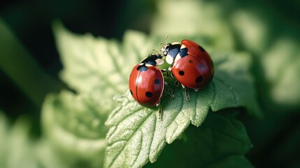 Obraz premium Close-up of two ladybugs sitting on a green leaf, natural setting